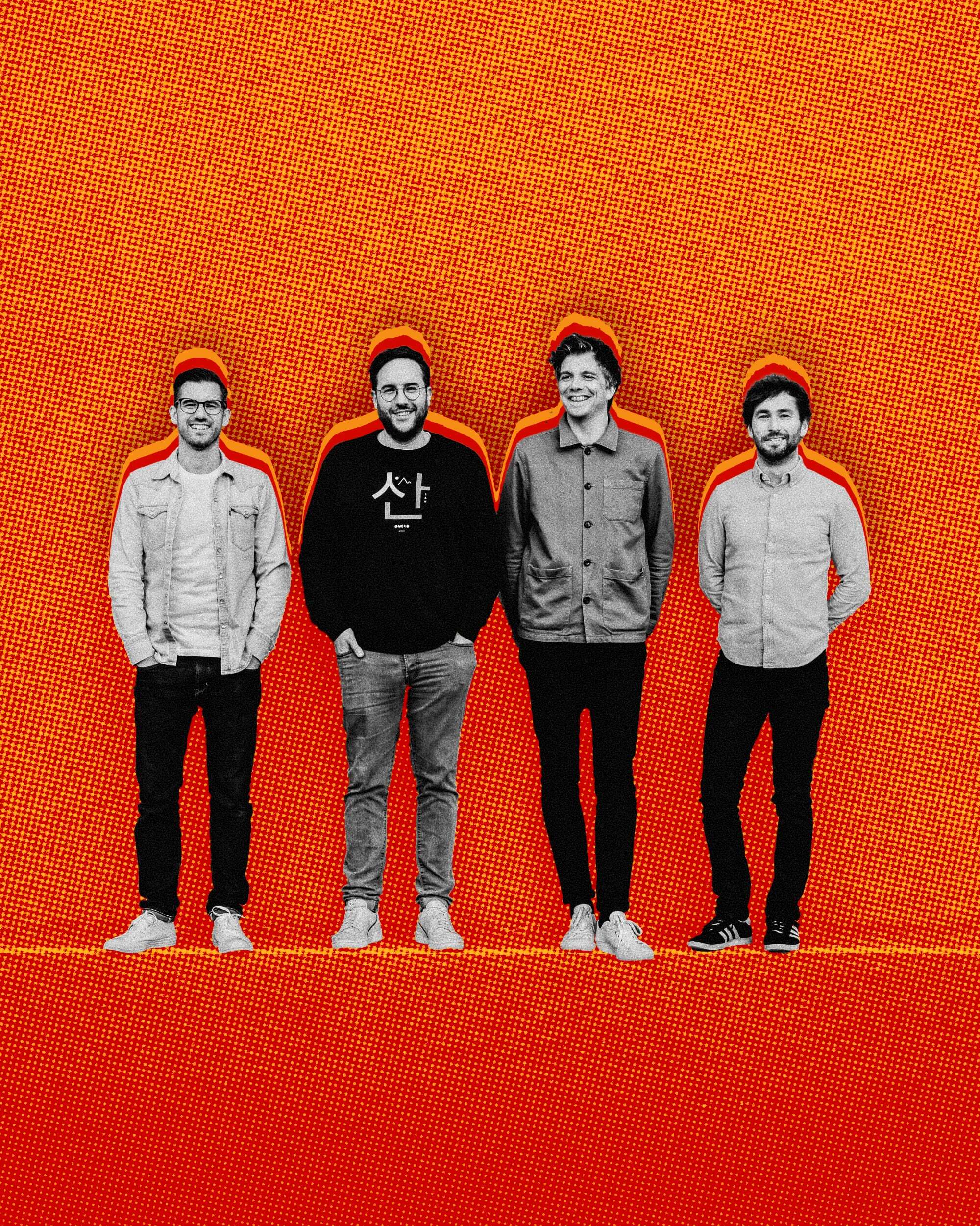 Black and white band photo of The Little Kicks, four members standing smiling with hands in pockets, cut out against a red and orange halftone background.