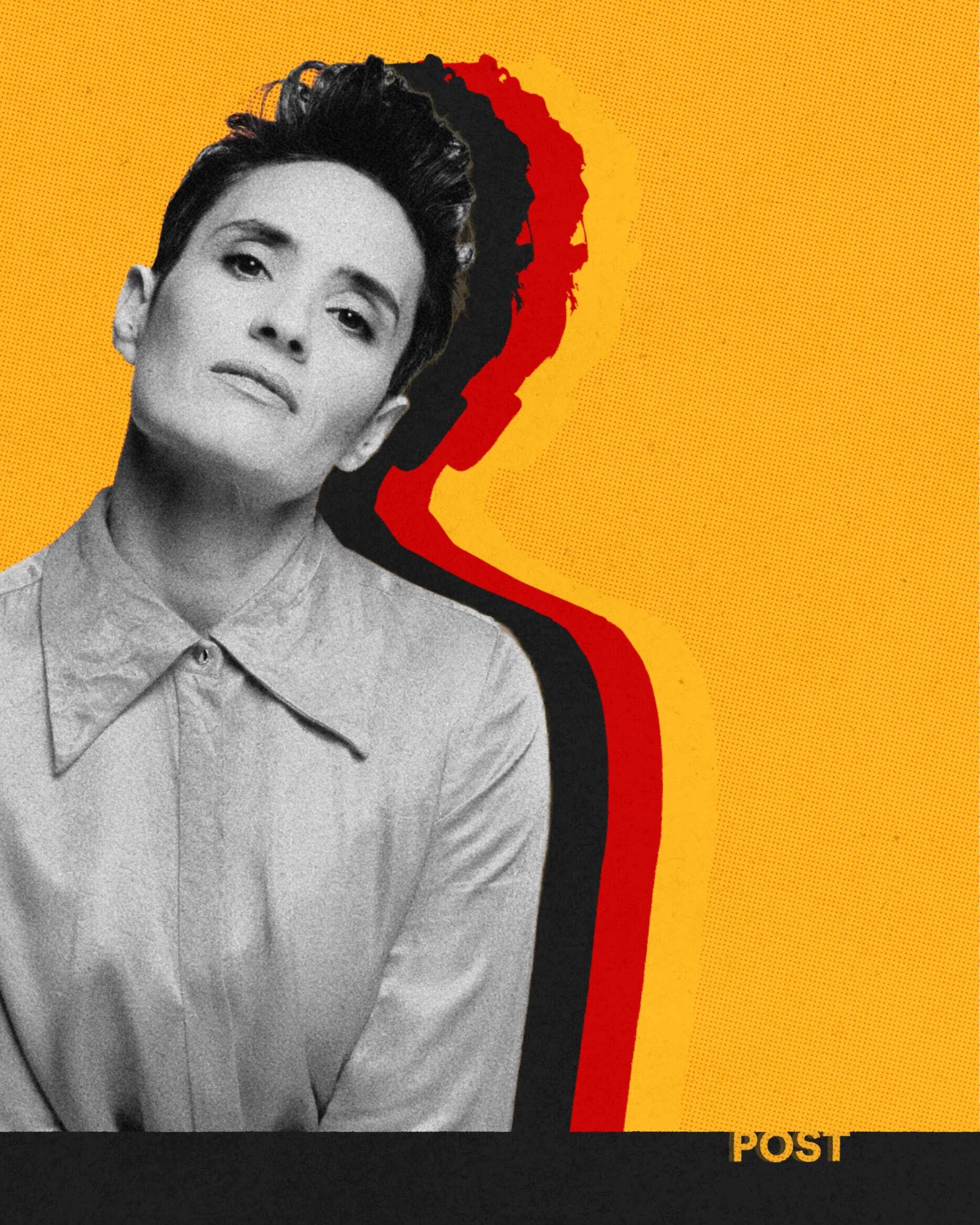 Black and white portrait of comedian Jen Brister looking upward, set against a yellow background with a red and black outlined silhouette echoing her profile.
