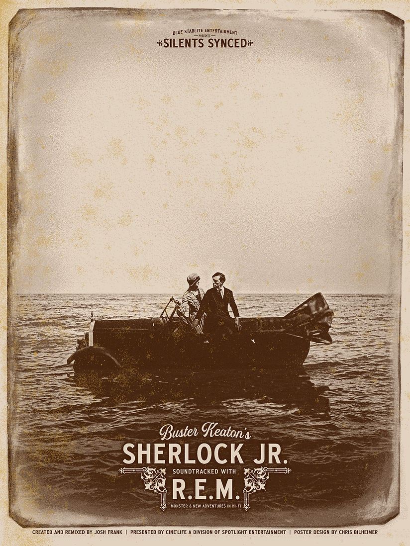 Sepia-colored poster of Sherlock Jr./R.E.M. showing Keaton and co-star on a floating car in open water.