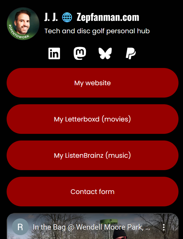Screenshot of jjd.start.page showing avatar, description, and social media links.
