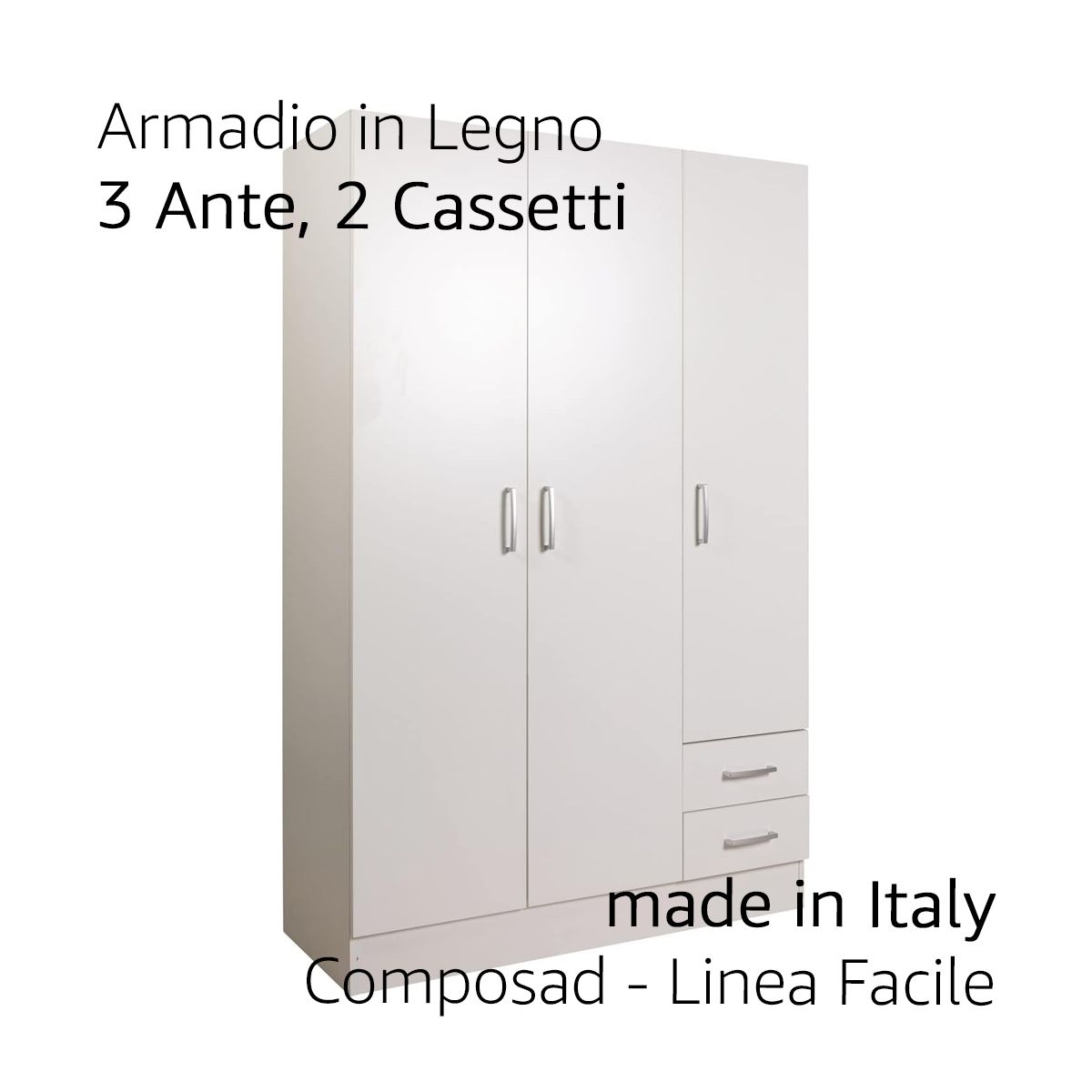 COMPOSAD | Armadio della Linea FACILE con 3 Ante e 2 Cassetti, Camera da Letto, Armadio con Ante, Dimensioni (LxAxP) 119,30x184,40x46,30 cm, Colore Bianco, Made in Italy, legno riciclato certificato