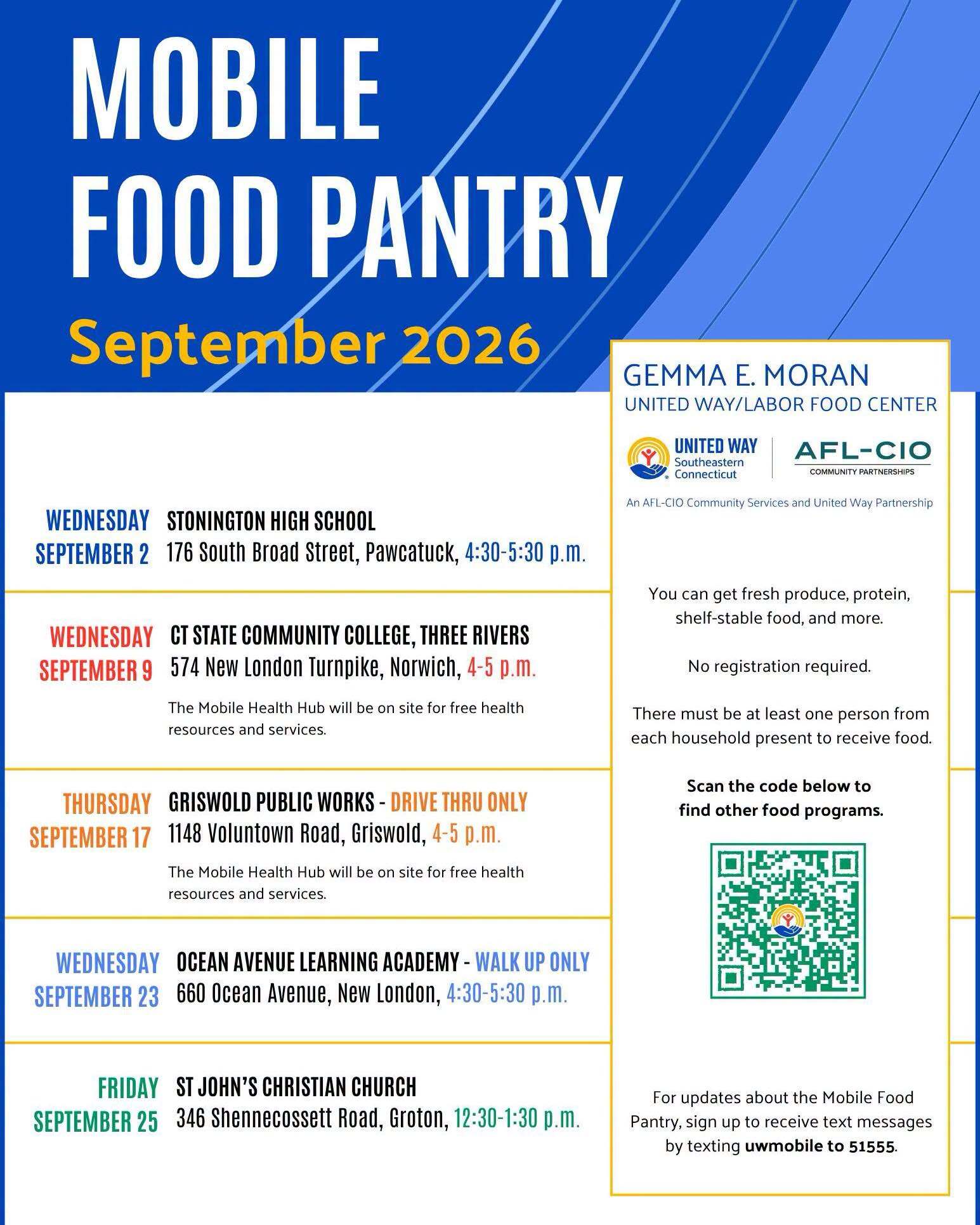 Mobile Food Pantry schedule for September 2026 listing Connecticut stops and times in English
