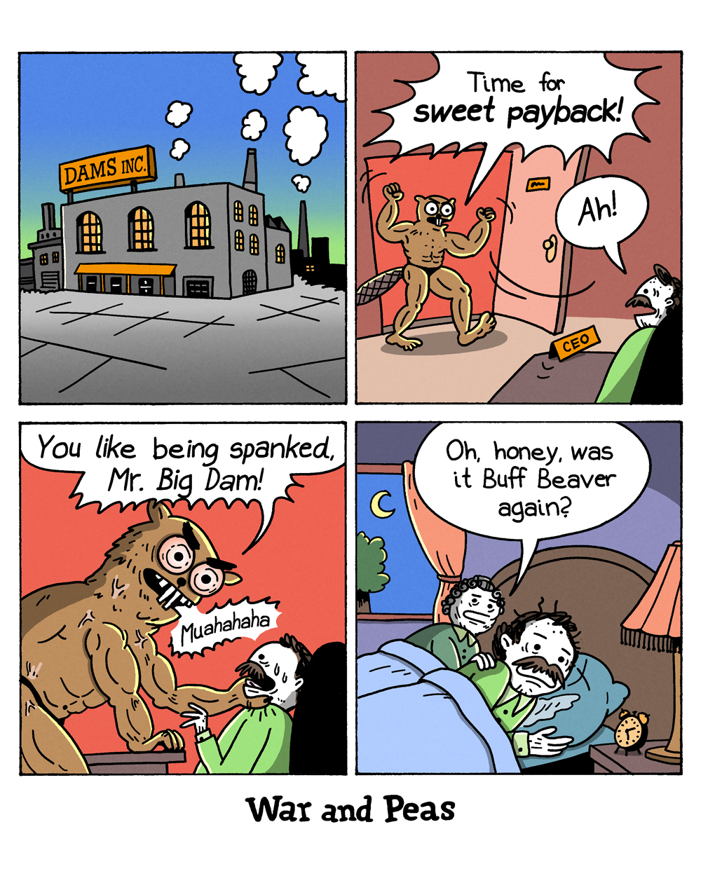 Panel 1: An industrial building with a glowing sign reads "Dams Inc.". Panel 2: A hugely muscular beaver kicks open the CEO's office door, flexing, and shouts, "Time for sweet payback!" as the startled boss yelps, "Ah!" Panel 3: The buff beaver grabs the terrified executive, cackling "Muahahaha" and declaring, "You like being spanked, Mr. Big Dam!" Panel 4: The scene cuts to a bedroom, where the sweating man lies awake beside his wife, who sighs, "Oh, honey, was it Buff Beaver again?"