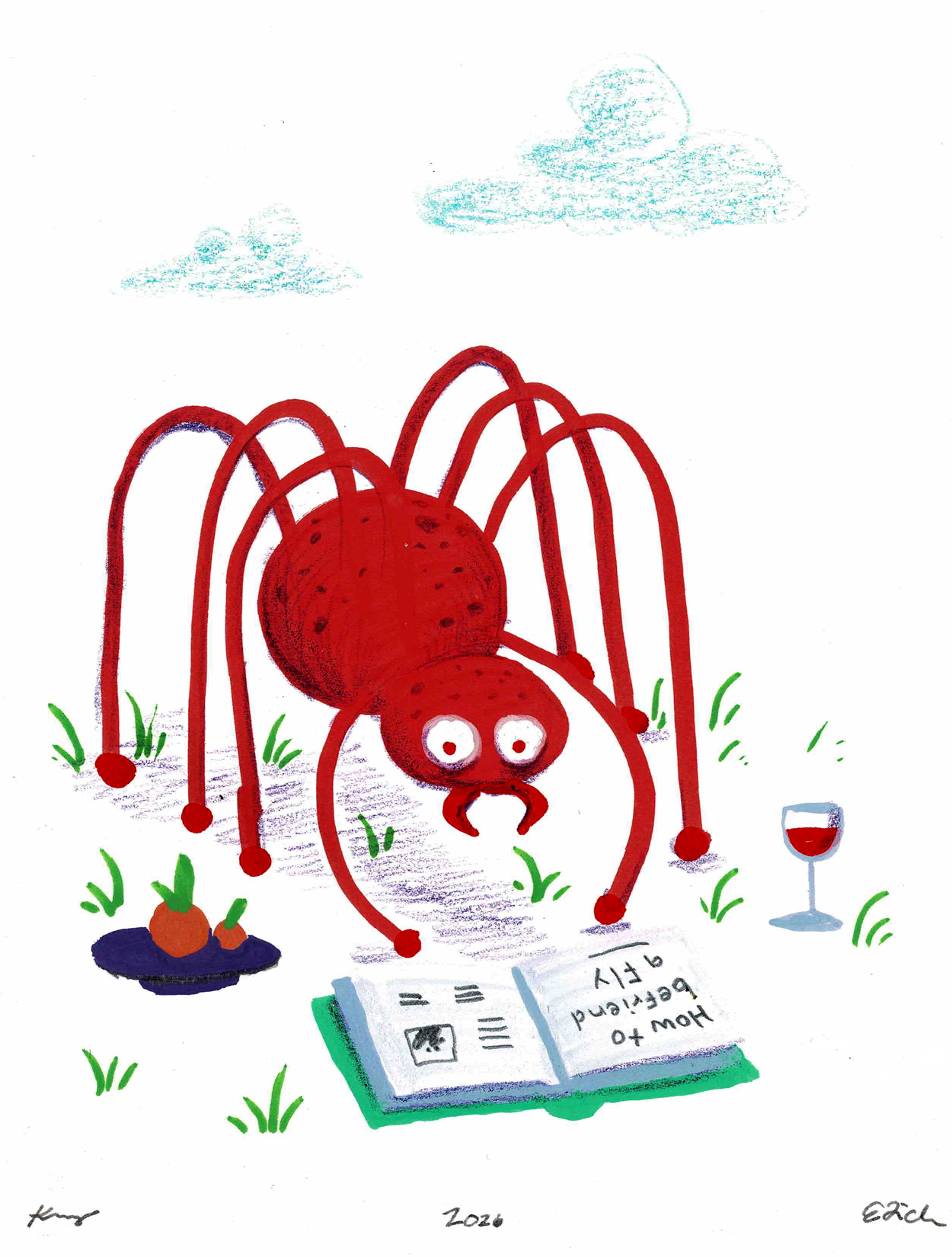 A whimsical illustration of a large red spider with long, thin arching legs and big round white eyes, hunched over an open book on the grass. The spider is intently reading a chapter; the book's page reads "How to befriend a fly" and shows a small sketch of a fly alongside lines of text. Two pale blue crayon-drawn clouds float in the sky above.