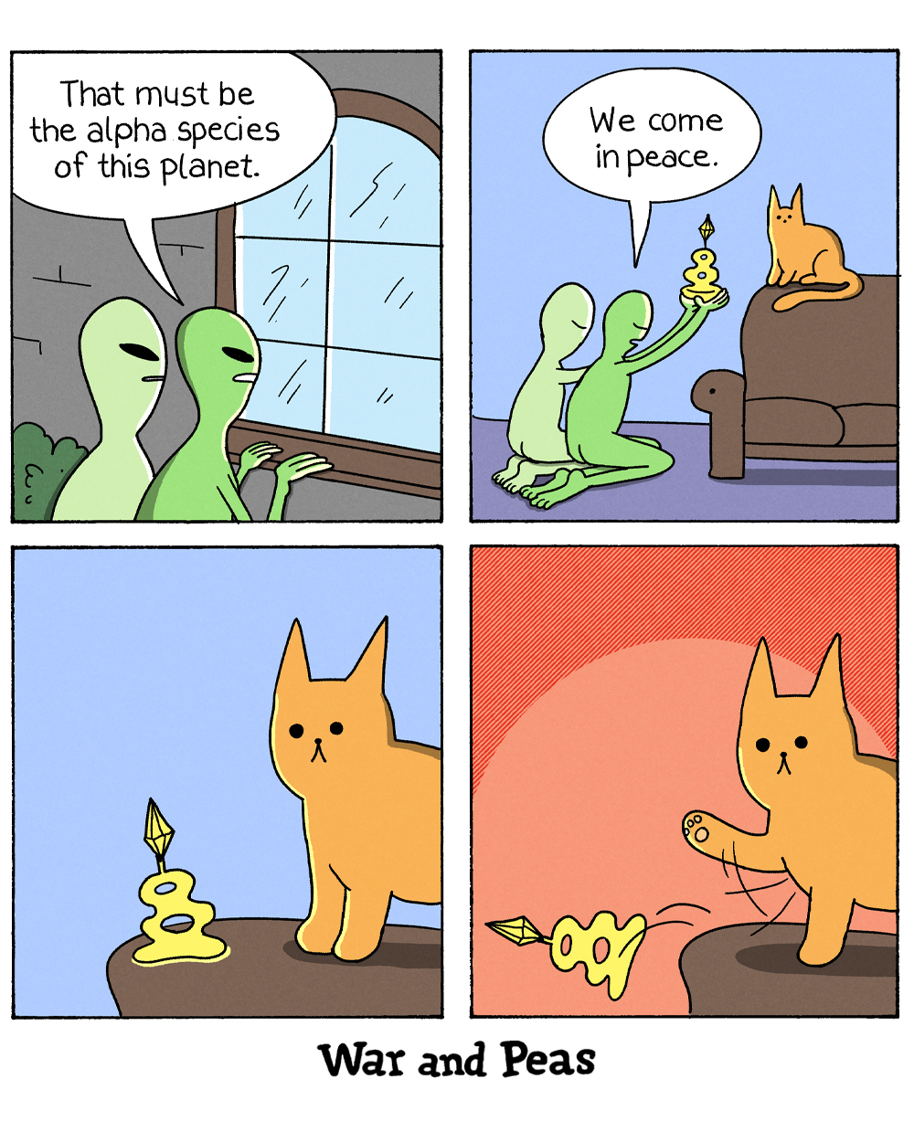 4 panel comic by War and Peas. 1. Panel: Two aliens look through the window of a house. One of them goes, "This must be the alpha species of the planet." 2. Panel: They present an alien gift to an orange cat who sits on the top of a couch and say "We come in peace." 3. Panel: The alien gift sits next to the cat who looks at the it. 4. Panel: The cat pushes the gift off the couch.