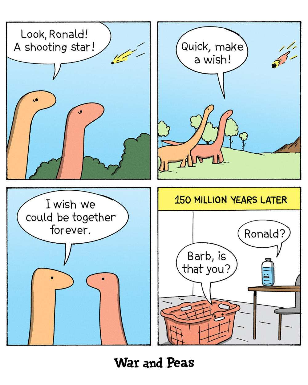 Panel 1: Two dinosaurs gaze up at the sky as one says, "Look, Ronald! A shooting star!" while a fiery object streaks toward them. Panel 2: "Quick, make a wish!" the other urges as the blazing object grows closer. Panel 3: Gazing at each other, one dinosaur wishes, "I wish we could be together forever." Panel 4: A caption reads "150 million years later." In a modern home, a plastic laundry basket and a plastic water bottle recognize one another, "Barb, is that you?" "Ronald?" the two dinosaurs re