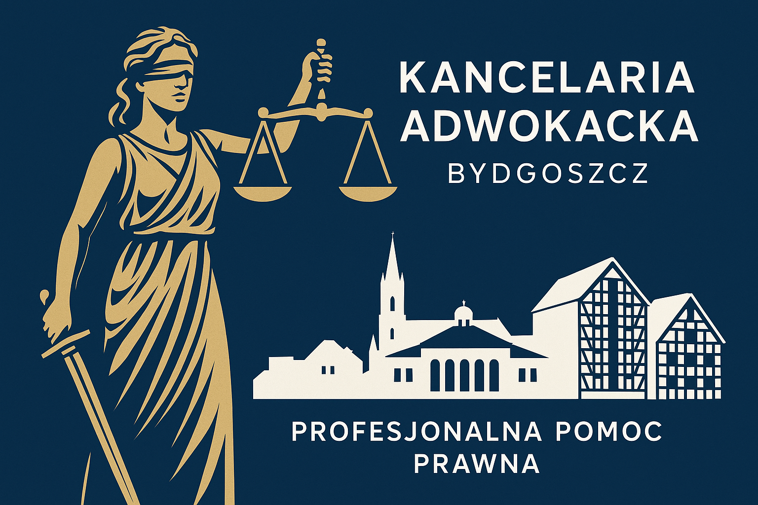 Grafika promocyjna dla Kancelarii Adwokackiej w Bydgoszczy. Na obrazie postać Temidy oraz sylwetka miasta. Kancelaria oferuje pomoc prawną w sprawach takich jak rozwód w Bydgoszczy, a adwokat rozwodowy i rodzinny zapewnia profesjonalne wsparcie.