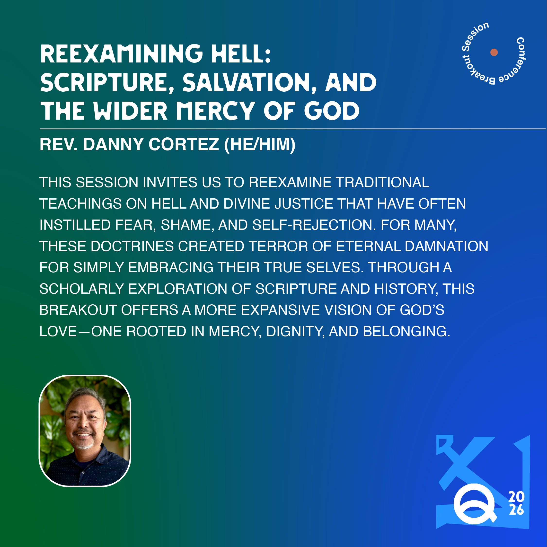  A slideshow of 7 graphics with a dark blue, and green gradient background. The slides have information about the different breakout session speakers and topics.