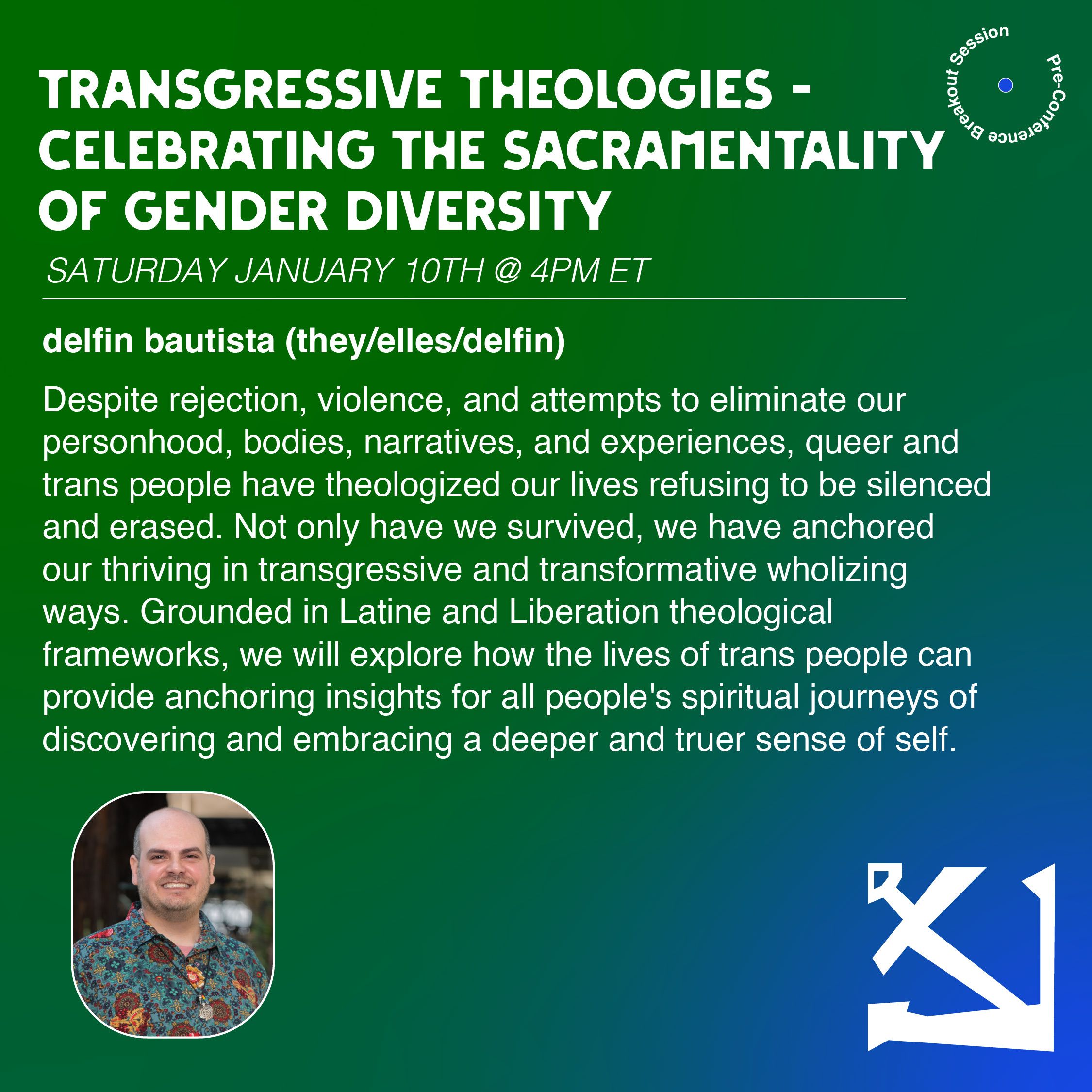 A graphic featuring a blue and green gradient background. There is white text in the center that has the details of the event, as well as a photo of the speaker delfin bautista. 