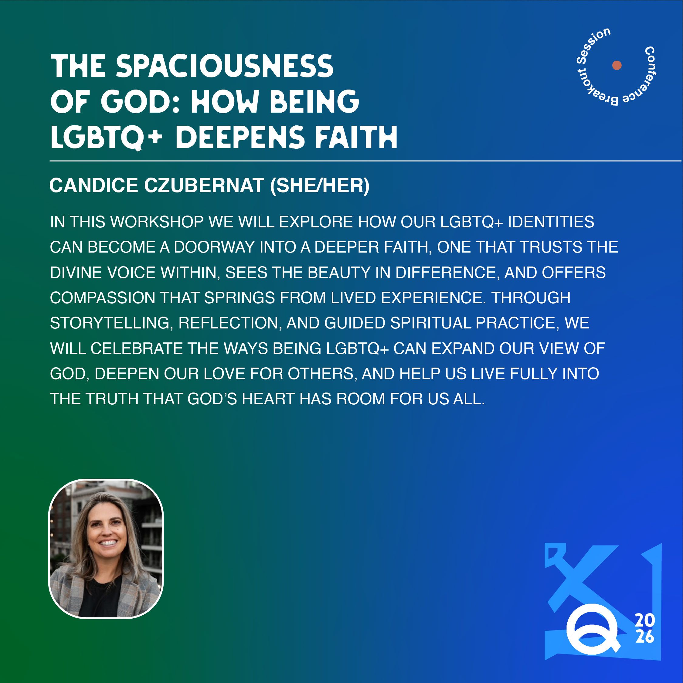  A slideshow of 8 graphics with a dark blue, and green gradient background. The slides have information about the different breakout session speakers and topics.