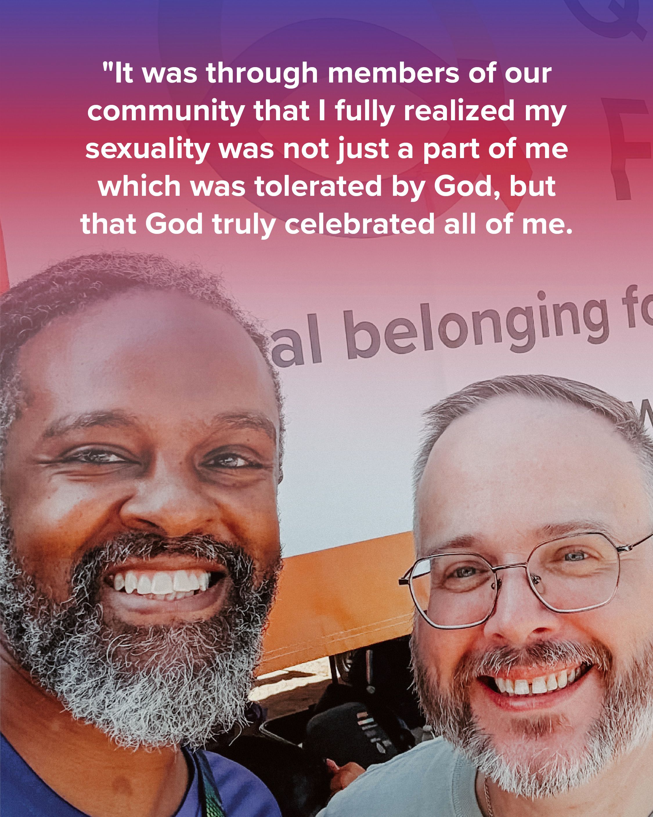  A 3 slideshow graphic with photos of people in community, at various events that QCF has been a part of or hosted with purple and indigo gradients overlaid on top. There is text on top from a community member expressing how QCF has helped them reconcile their faith with their sexuality. The final slide has text on top with our fundraising ask stated above.