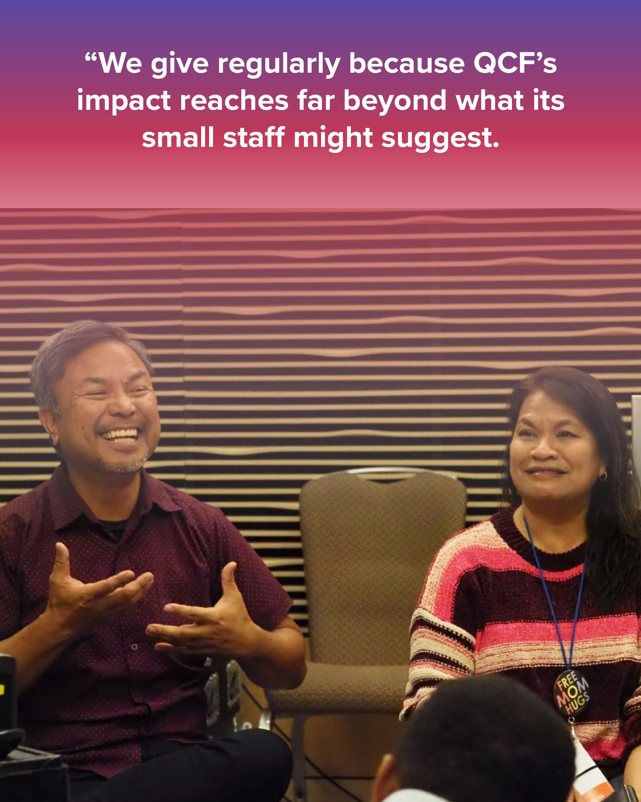 A 3 slideshow graphic with photos of people in community, at various events that QCF has been a part of or hosted with purple and indigo gradients overlaid on top. There is text on top from a community member expressing how QCF has helped them reconcile their faith with their sexuality. The final slide has text on top with our fundraising ask stated above.