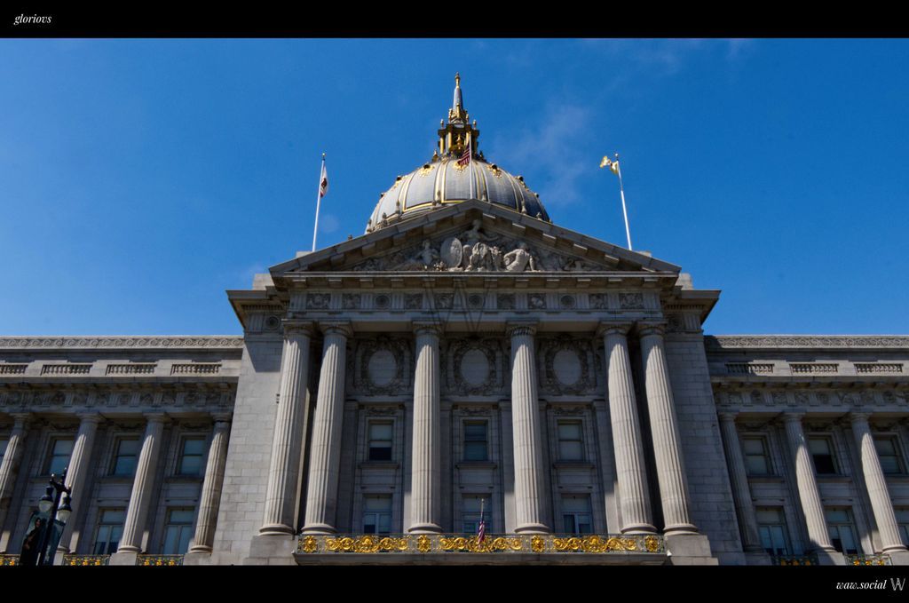 A low angle shot of San Francisco City Hall in San Francisco, California.