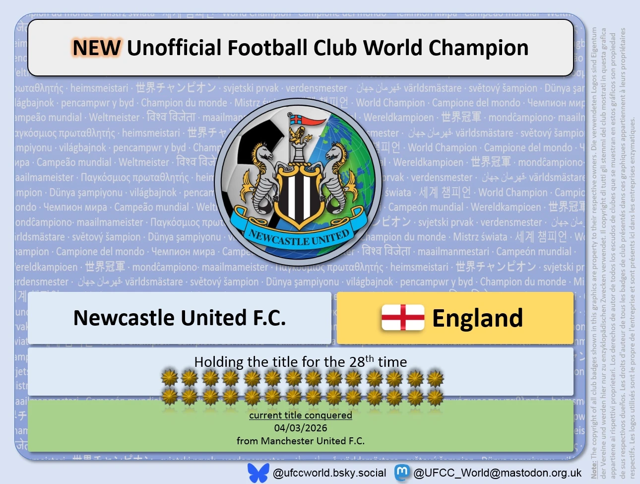 Newcastle United conquered the UFCC title the 28th time