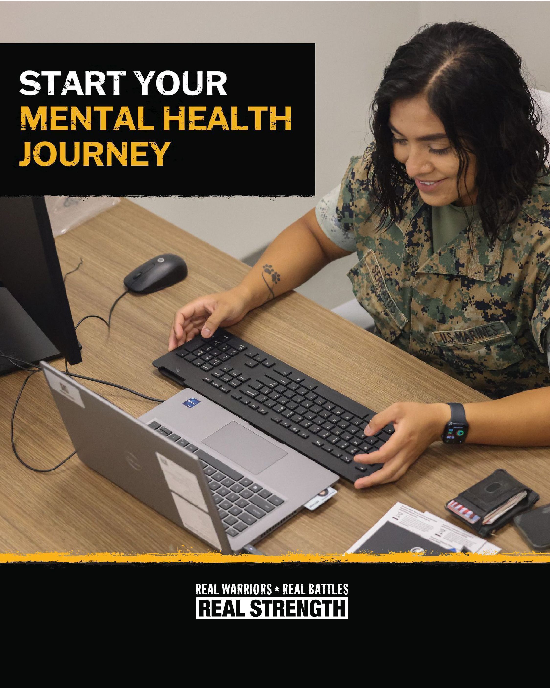 A photo of a service member working on a computer with text that says, "Start your mental health journey" with the Real Warriors logo at the bottom.