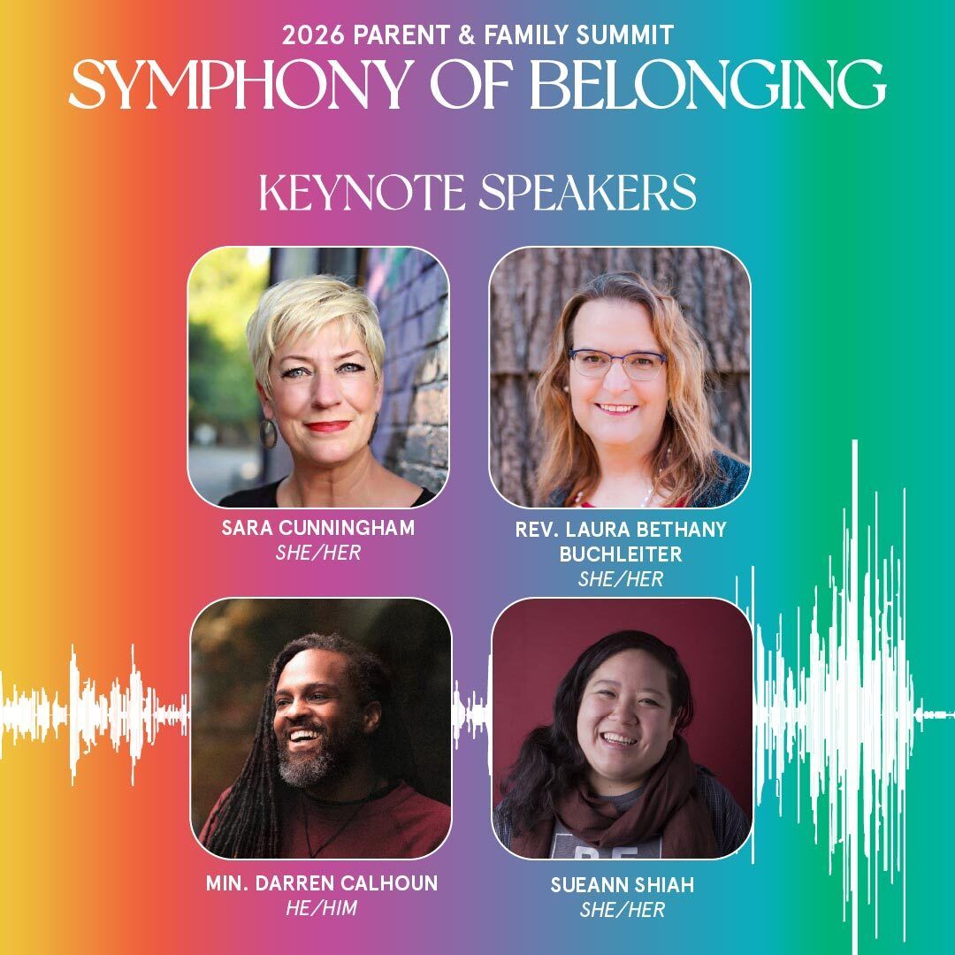 Graphic with a rainbow gradient background. There is an audio wave that spreads across the entire length of the graphic. In the center there are photos of each of the keynote speakers.
