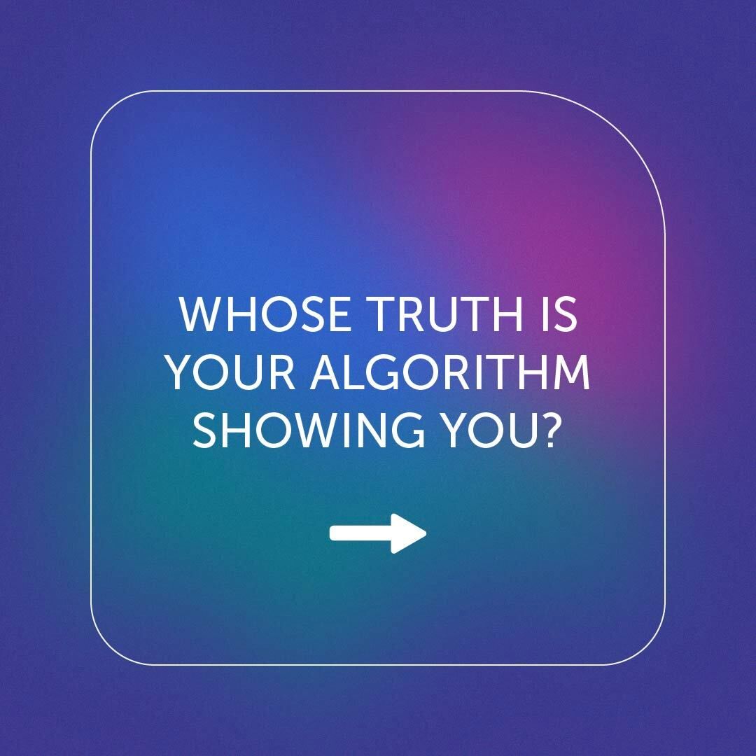  4 graphics with purple, pink, blue, and teal hues. The first slide says "Whose truth is your algorithm showing you?" and the next two slides have text from the session description. The final slide is  highlighting the title, "Working the Algorithm: Bite-Sized Social Commentary for Deep EDI Dialogue" and facilitators for the April 5th EDI gathering, they are Carrie N. (They/She) and Darren Calhoun (He/Him)