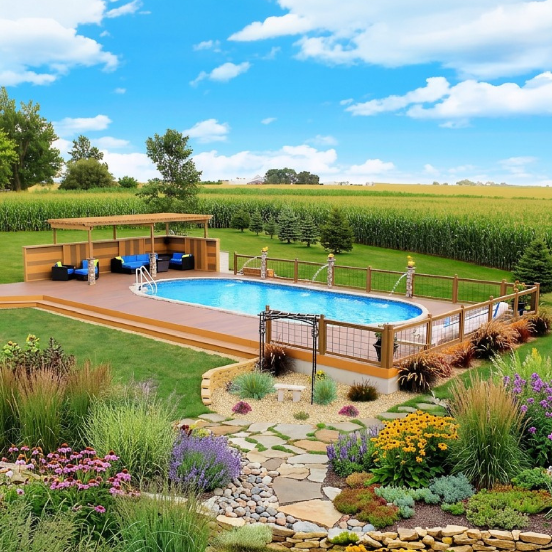 Above ground pool with surrounding deck, landscaped garden, stone pathway, and open grassy backyard under a bright blue sky