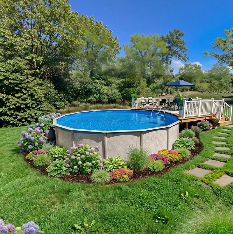 Round above ground pool with surrounding landscaped garden, colorful flowers, stepping stone path, and small deck in a green backyard under a clear blue sky