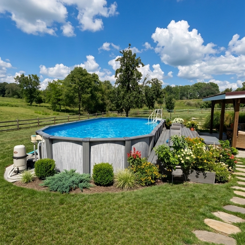An above ground pool installed in a landscaped backyard with a small deck, plants, and a stone walkway leading to the pool under a bright blue sky