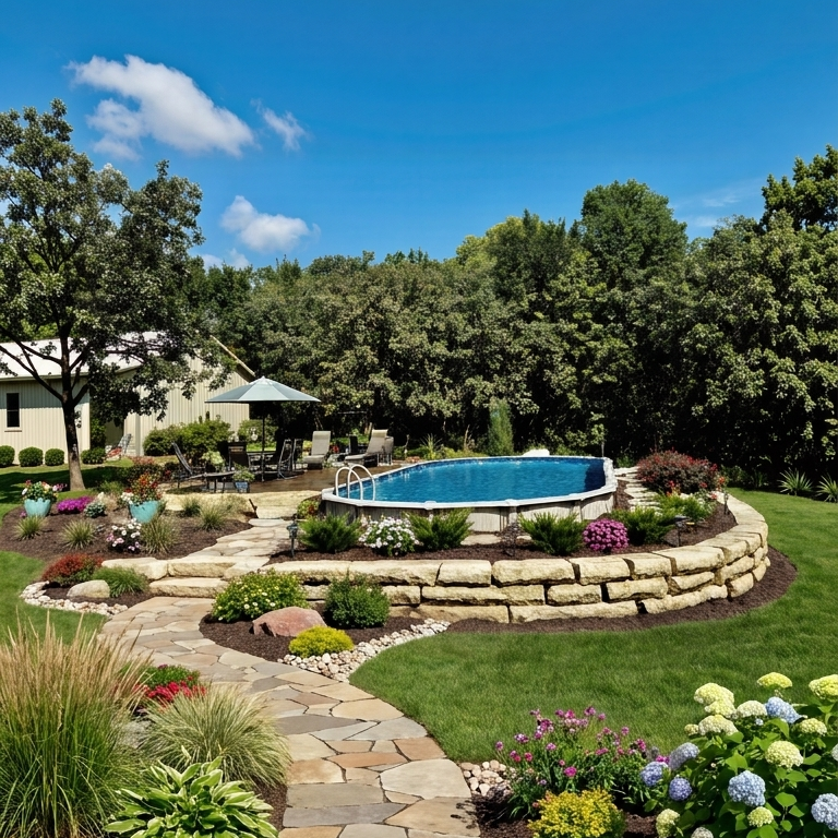 An above ground pool elevated with stone retaining walls, surrounded by landscaped garden beds and connected by a winding stone walkway in a sunny backyard.