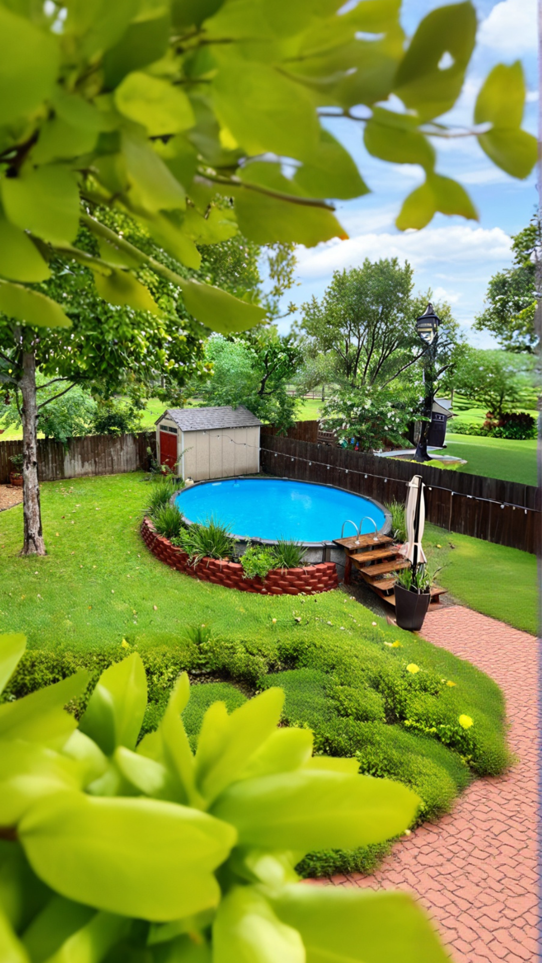 A round above ground pool in a landscaped backyard with brick edging, green plants, a small deck with steps, and a garden setting