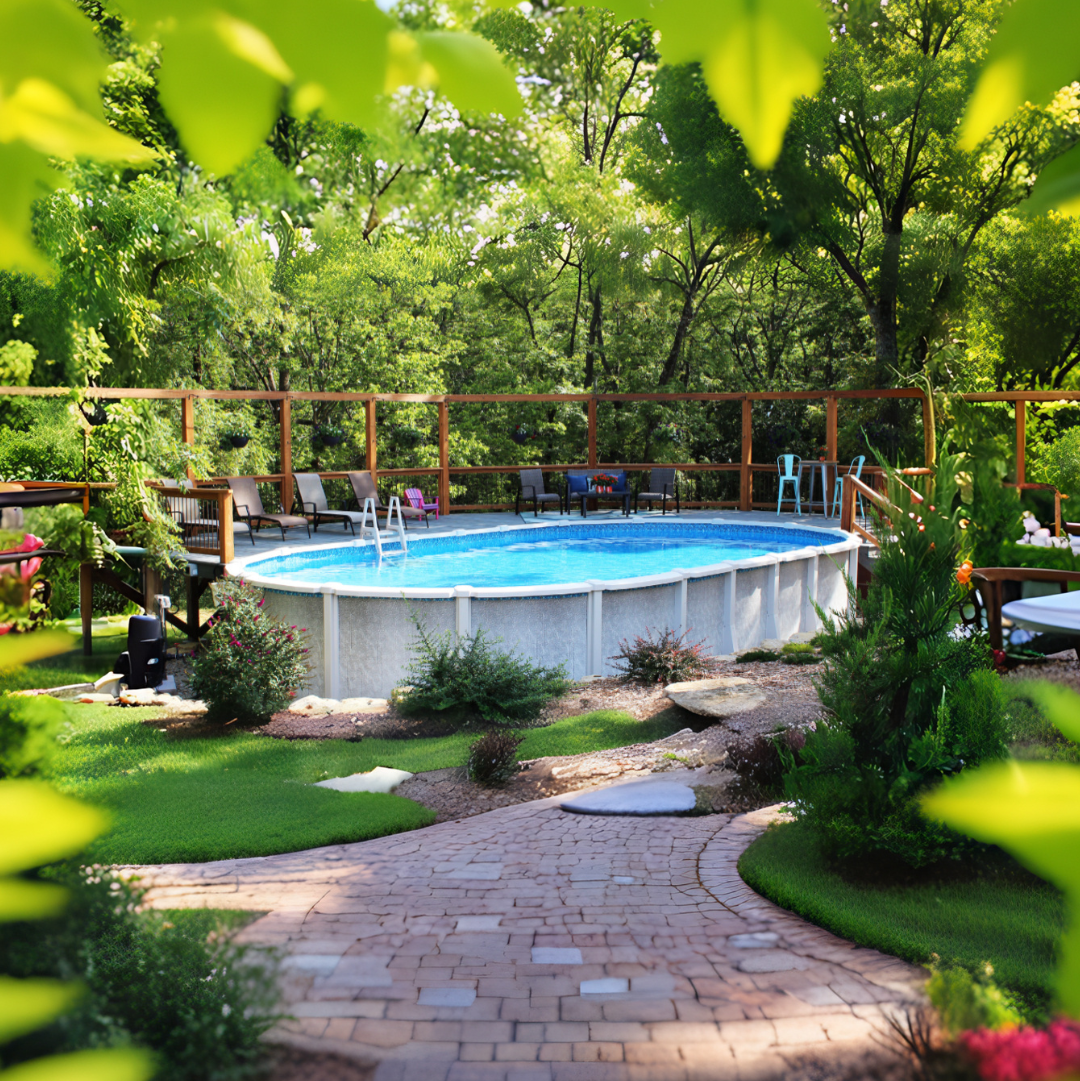 Above ground pool in a landscaped backyard with a curved stone walkway, surrounded by lush greenery and trees creating a peaceful outdoor retreat