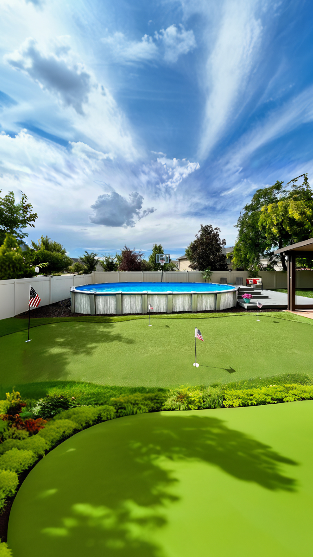 Backyard featuring a round above ground pool, large artificial putting green with golf flags, landscaped yard, white privacy fence, and dramatic blue sky with clouds.