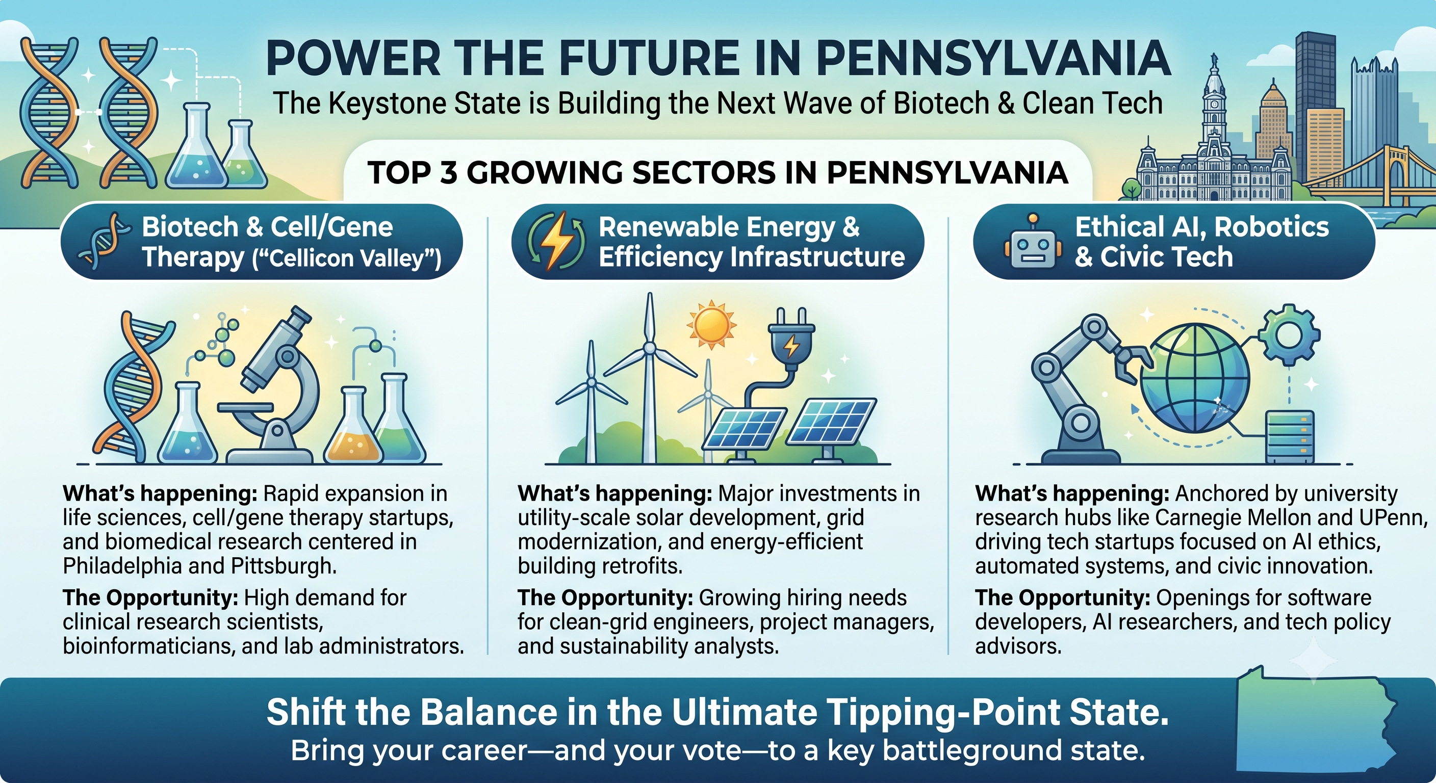 Infographic highlighting Pennsylvania's growth sectors—biotech and cell/gene therapy, renewable energy and efficiency, and ethical AI/robotics/civic tech—with icons and short notes on trends and job opportunities to encourage careers and investment in the state.