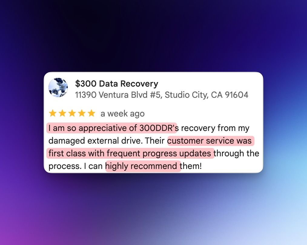 Customer review screenshot for $300 Data Recovery praising successful recovery from a damaged external drive, with appreciation for clear communication and frequent progress updates throughout the process.