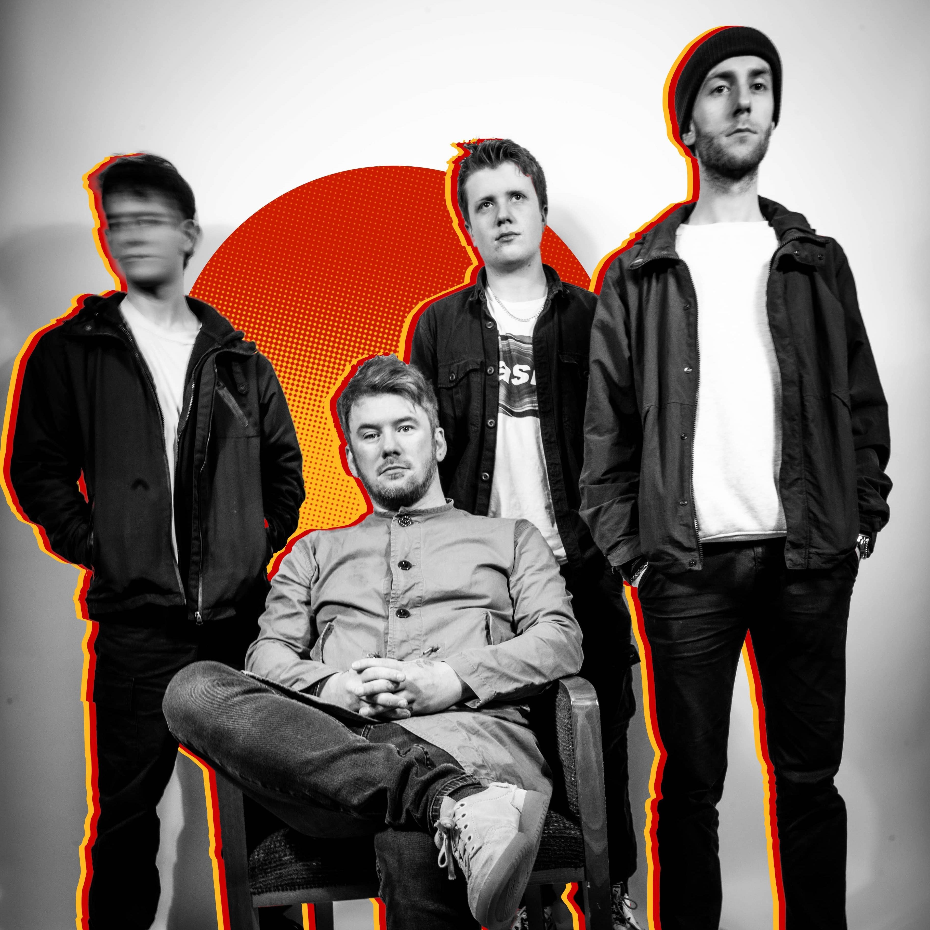Black and white band photo of The Velvet Room, with one member seated on a chair and three standing behind, outlined in red and gold against a red halftone circle on a white background. One member's face is intentionally blurred.