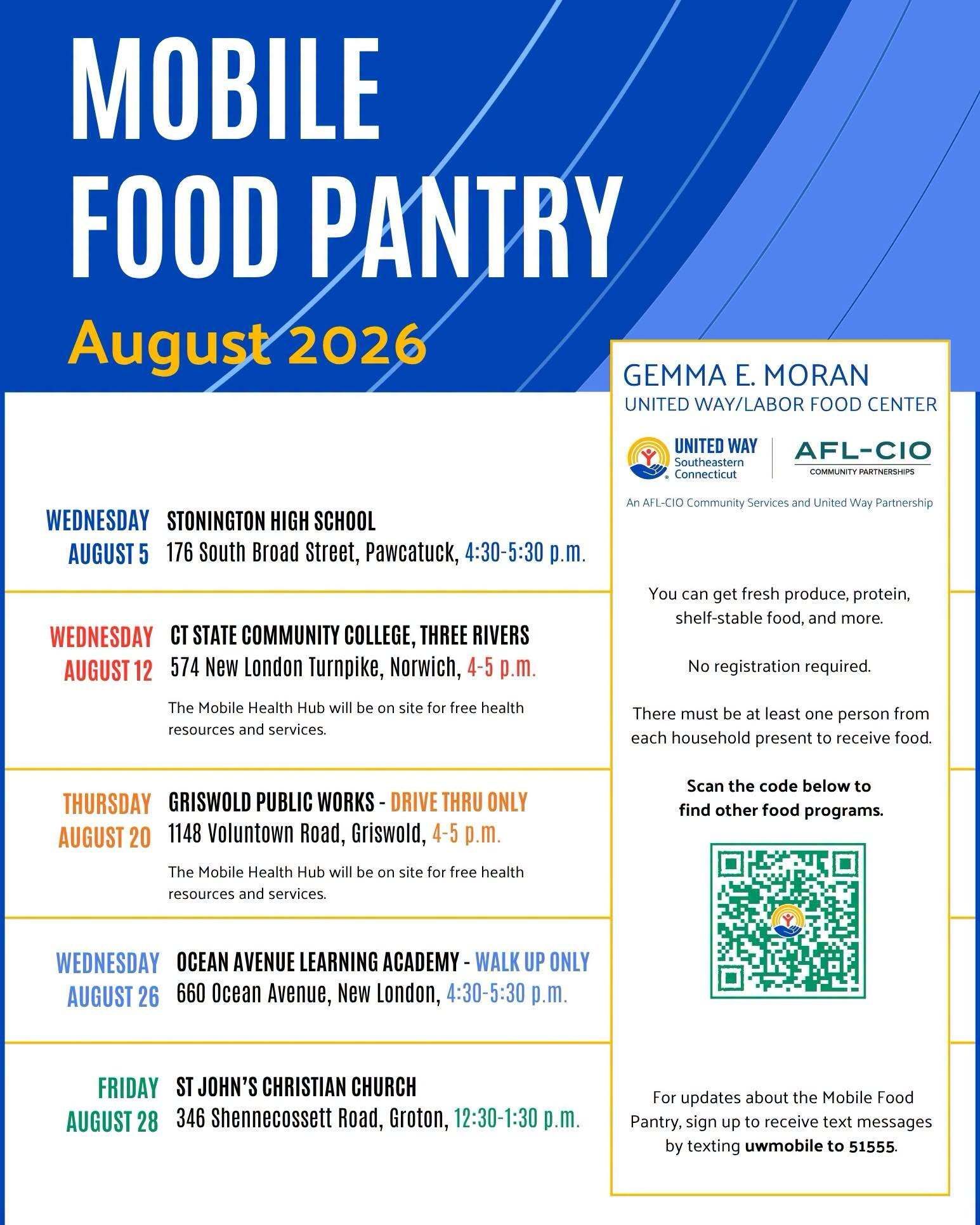 Mobile Food Pantry schedule for August 2026 showing weekly Connecticut pickup sites (Stonington High School; CT State Community College, Three Rivers; Griswold Public Works drive-thru; Ocean Avenue Learning Academy walk-up; St. John’s Christian Church), plus United Way/AFL‑CIO logos in English.