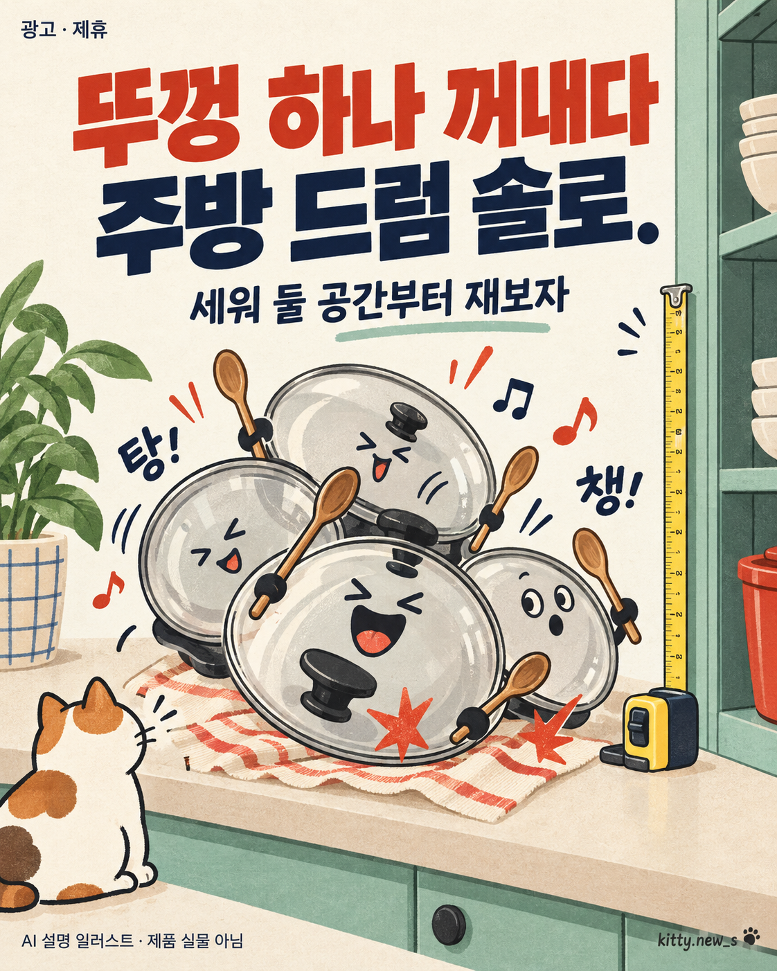 냄비뚜껑 수납 문제를 설명하는 두루팝 자체 제작 AI 일러스트. 비교 제품의 실물이나 사용 후기 사진이 아닙니다.